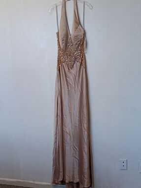 Vintage Beaded Halter Maxi Dress in Champagne (Mink)